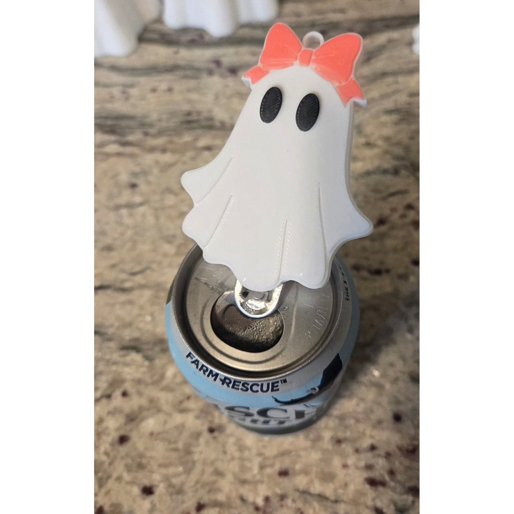 Cute Ghost Soda Can Top opener Halloween Beverage Accessory White Pink Bow